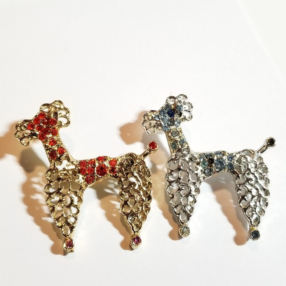 Two vintage poodle pins rhinestone dog brooch